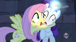 Size: 1270x705 | Tagged: safe, screencap, fluttershy, rarity, pegasus, pony, unicorn, castle mane-ia, g4, derp, duo, faic, female, glowing horn, horn, hub logo, hubble, light spell, magic, mare, new episode, tally marks