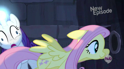 Size: 1276x708 | Tagged: safe, screencap, fluttershy, rarity, pegasus, pony, unicorn, castle mane-ia, g4, derp, duo, faic, female, glory hole, glowing horn, horn, hub logo, hubble, light spell, magic, mare, out of context, tally marks, wings