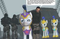 Size: 1289x831 | Tagged: safe, artist:dbuilder, shining armor, human, g4, 3d, assault rifle, cigarette, gmod, gun, royal guard, speech bubble, text, vehicle