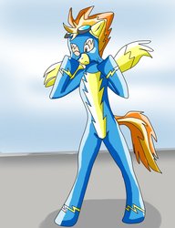 Size: 783x1020 | Tagged: dead source, safe, artist:blurryhooves-corner, spitfire, human, g4, bodysuit, clothes, costume, encasement, human to pony, latex, living suit, ponysuit, rubber, solo, transformation