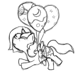 Size: 1000x1000 | Tagged: safe, artist:marigoldfleur, princess luna, g4, balloon, eyes closed, female, filly, flying, monochrome, solo, woona, younger