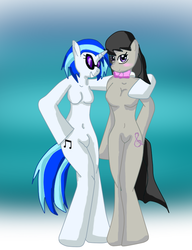 Size: 645x840 | Tagged: safe, artist:blurryhooves-corner, dj pon-3, octavia melody, vinyl scratch, human, g4, bodysuit, clothes, costume, encasement, human to pony, latex, living suit, ponysuit, rubber, transformation