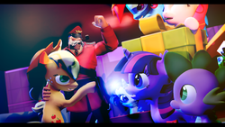 Size: 900x506 | Tagged: safe, artist:midnightmint-1, applejack, fluttershy, pinkie pie, rainbow dash, rarity, twilight sparkle, g4, 3d, birthday, crossover, fancy dress uniform, gmod, hat, lord cockswain's novelty mutton chops and pipe, mane six, missing accessory, soldier, soldier (tf2), team captain, team fortress 2