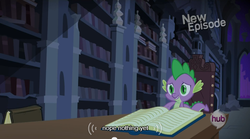 Size: 640x355 | Tagged: safe, screencap, spike, dragon, castle mane-ia, g4, male, meme, mlp-captions, solo, youtube caption