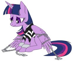 Size: 1276x1069 | Tagged: safe, artist:trippinmars, twilight sparkle, alicorn, pony, g4, bondage, bound wings, chains, clothes, female, horn, horn ring, magic suppression, mare, prison outfit, prison stripes, prisoner, prisoner ts, shackles, simple background, solo, transparent background, twilight sparkle (alicorn)