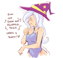 Size: 1280x1191 | Tagged: safe, artist:demdoodles, trixie, human, g4, clothes, cute, dialogue, eating, female, hat, humanized, leotard, light skin, magician outfit, peanut butter crackers, solo, trixie's hat