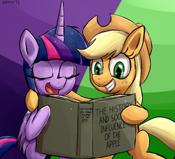 Size: 800x730 | Tagged: safe, artist:senx, applejack, twilight sparkle, alicorn, pony, g4, book, female, mare, reading, that pony sure does love apples, twilight sparkle (alicorn)