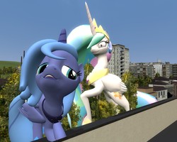 Size: 1280x1024 | Tagged: safe, artist:burnokero, princess celestia, princess luna, alicorn, pony, princess molestia, g4, 3d, city, filly, gmod, macro, s1 luna, tree, woona