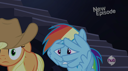 Size: 1273x709 | Tagged: safe, screencap, applejack, rainbow dash, earth pony, pegasus, pony, castle mane-ia, g4, cute, dashabetes, duo, facewing, female, frown, hub logo, hubble, mare, scared, wing hands