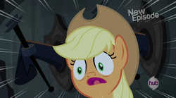 Size: 1273x708 | Tagged: safe, screencap, applejack, castle mane-ia, g4, faic, female, hall of hooves, hubble hub logo, scared, solo, yelling