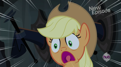 Size: 1268x705 | Tagged: safe, screencap, applejack, castle mane-ia, g4, faic, female, hall of hooves, hub logo, hubble, solo, yelling