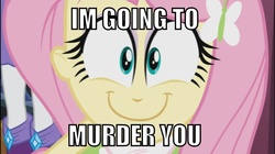 Size: 1000x560 | Tagged: safe, edit, edited screencap, screencap, fluttershy, rarity, equestria girls, g4, bust, caption, happyshy, image macro, implied murder, looking at you, solo focus, text