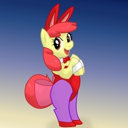 Size: 400x400 | Tagged: safe, artist:kushina13, apple bloom, earth pony, pony, g4, bipedal, bowtie, bunny suit, clothes, cute, female, filly, foal, happy, playboy bunny, smiling, solo