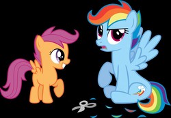Size: 800x554 | Tagged: safe, rainbow dash, scootaloo, pegasus, pony, g4, alternate hairstyle, black background, duo, duo female, female, filly, foal, haircut, scissors, simple background
