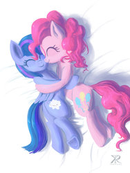 Size: 900x1200 | Tagged: safe, artist:grissaecrim, pinkie pie, oc, g4, bed, canon x oc, cuddling, hug, snuggling