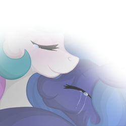 Size: 400x400 | Tagged: safe, artist:falleninthedark, princess celestia, princess luna, g4, backlighting, canterlot university, comic, convention, crying, hug