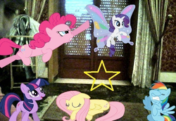 Size: 639x440 | Tagged: safe, artist:louisharry1d, fluttershy, pinkie pie, rainbow dash, rarity, twilight sparkle, g4, artificial wings, augmented, eyes closed, facehoof, glare, gritted teeth, irl, magic, magic wings, open mouth, photo, ponies in real life, prone, quality, smiling, stars, wings