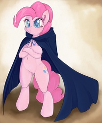Size: 1280x1536 | Tagged: safe, artist:zokkili, pinkie pie, earth pony, pony, g4, bipedal, cape, clothes, colored eyelashes, female, solo