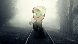 Size: 1920x1080 | Tagged: safe, artist:ceara, artist:karl97, applejack, g4, glowing eyes, irl, it's coming right at us, photo, ponies in real life, solo, train tracks, tree, vector, wallpaper