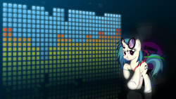 Size: 1920x1080 | Tagged: safe, artist:mithandir730, artist:takua770, dj pon-3, vinyl scratch, pony, unicorn, g4, cutie mark, female, glasses, glowing, hooves, horn, looking at you, mare, smiling, solo, sunglasses, teeth, vector, wallpaper