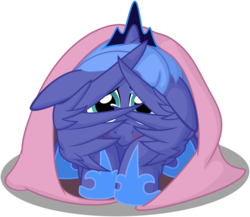 Size: 1274x1107 | Tagged: safe, artist:arvaus, princess luna, blanket, blushing, cute, female, filly, floppy ears, hiding, not safe for woona, shy, solo, wing hands, woona