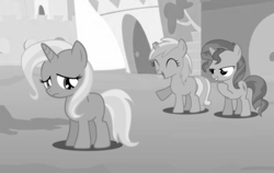 Size: 800x504 | Tagged: safe, artist:neoartimus, lyra heartstrings, sunset shimmer, trixie, pony, turnabout storm, g4, abuse, blank flank, filly, filly lyra, filly sunset shimmer, filly trixie, laughing, monochrome, sad, trixiebuse, younger