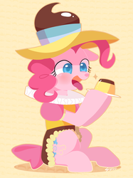 Size: 1099x1470 | Tagged: dead source, safe, artist:sion, chancellor puddinghead, pinkie pie, g4, female, flan, food, pudding, sitting, solo, tongue out