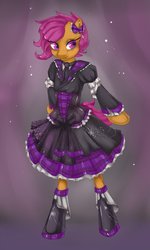 Size: 1592x2648 | Tagged: safe, artist:misukitty, scootaloo, pegasus, semi-anthro, g4, bipedal, clothes, female, filly, foal, lolita fashion, puffy sleeves, scootaloo also dresses in style, solo