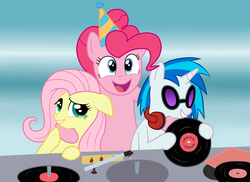 Size: 3520x2560 | Tagged: safe, artist:corina93, dj pon-3, fluttershy, pinkie pie, vinyl scratch, g4, happy, hat, headphones, party hat, record, record player, smiling, trio