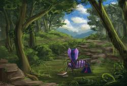 Size: 3000x2038 | Tagged: safe, artist:cezzlo, twilight sparkle, alicorn, pony, g4, behind, book, chair, female, forest, mare, scenery, solo, twilight sparkle (alicorn)