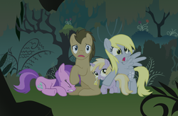 Size: 1805x1181 | Tagged: dead source, safe, artist:asdflove, artist:jackiephantom13, amethyst star, derpy hooves, dinky hooves, doctor whooves, sparkler, time turner, pegasus, pony, g4, female, forest, male, mare, scared, ship:doctorderpy, shipping, stallion, straight