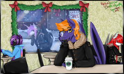 Size: 1249x749 | Tagged: safe, artist:nekomellow, oc, oc only, anthro, christmas, coffee