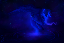 Size: 2200x1500 | Tagged: safe, artist:pfjerk, princess luna, g4, dark, eyes closed, feathered wings, female, glowing, glowing mane, solo, space, surreal