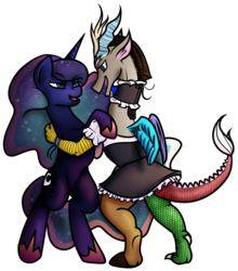 Size: 1645x1872 | Tagged: safe, artist:zombiecollie, discord, princess luna, pony, g4, bedroom eyes, bipedal, clothes, crossdressing, dancing, eye contact, female, femboy discord, lusty luna, maid, maid discord, male, open mouth, ship:lunacord, shipping, simple background, smiling, straight, tumblr