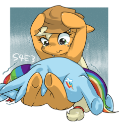 Size: 620x657 | Tagged: safe, artist:sa_eku, artist:shahiroshi, applejack, rainbow dash, castle mane-ia, g4, female, lesbian, pixiv, pony pile, scene interpretation, ship:appledash, shipping