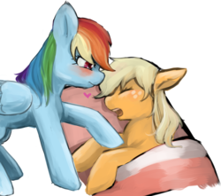 Size: 1636x1449 | Tagged: safe, artist:sa_eku, applejack, rainbow dash, earth pony, pegasus, pony, g4, blushing, cute, female, floating heart, folded wings, freckles, heart, lesbian, mare, open mouth, pixiv, ship:appledash, shipping, signature, simple background, sleeping, transparent background, wings