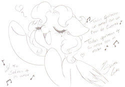 Size: 2518x1755 | Tagged: safe, artist:shinta-girl, oc, oc only, oc:shinta pony, monochrome, singing, sketch, solo, spanish