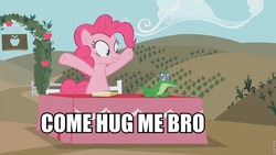 Size: 960x540 | Tagged: safe, screencap, gummy, pinkie pie, castle mane-ia, g4, season 4, caption, come at me bro, come hug me bro, hug, image macro, notebook, notepad, roflbot