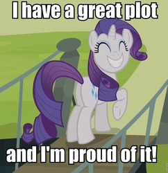 Size: 829x857 | Tagged: safe, edit, edited screencap, screencap, rarity, pony, unicorn, castle mane-ia, g4, season 4, bridge, butt, caption, female, happy, image macro, mare, plot, roflbot, smiling, solo