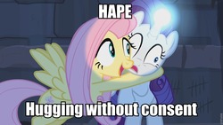 Size: 960x540 | Tagged: safe, edit, edited screencap, screencap, fluttershy, rarity, pegasus, pony, unicorn, castle mane-ia, g4, season 4, caption, derp, duo, female, glowing horn, hape, horn, hug, image macro, light spell, magic, mare, open mouth, roflbot, smiling, wide eyes