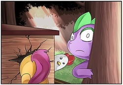 Size: 489x337 | Tagged: safe, artist:the0ne-u-lost, scootaloo, spike, g4, scootachicken, single panel