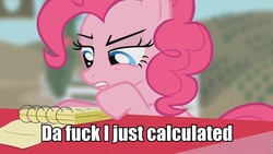 Size: 960x540 | Tagged: safe, pinkie pie, castle mane-ia, g4, season 4, calculating, caption, female, image macro, match, notebook, notepad, roflbot, solo