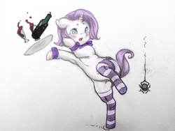 Size: 1280x960 | Tagged: safe, artist:longren, artist:wimcrustum, color edit, edit, pony, spider, star spider, alternate hairstyle, animal, armpits, bipedal, bottle, clothes, colored, cufflinks, cuffs (clothes), scared, short hair, socks, solo, striped socks, surprised, waitress, wine