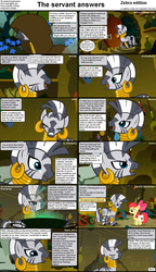 Size: 1282x2233 | Tagged: safe, apple bloom, zecora, zebra, comic:celestia's servant interview, g4, caption, comic, interview, zecora's hut