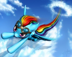 Size: 1057x841 | Tagged: safe, artist:artoki, rainbow dash, g4, cloud, cloudy, female, flying, goggles, solo, trail
