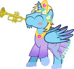 Size: 6500x6038 | Tagged: safe, artist:theshadowstone, oc, oc only, alicorn, pony, absurd resolution, alicorn oc, blushing, clothes, crossdressing, dress, flower, male, musical instrument, see-through, see-through skirt, simple background, solo, stallion, transparent background, trumpet, vector