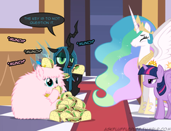 Size: 650x500 | Tagged: safe, artist:mixermike622, discord, princess celestia, queen chrysalis, twilight sparkle, oc, oc:fluffle puff, alicorn, pony, g4, ask, eating, element of tacos, female, food, mare, single panel, smiling, taco, tiny discord, twilight sparkle (alicorn)