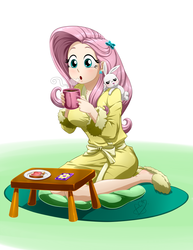 Size: 700x907 | Tagged: safe, artist:pia-sama, angel bunny, fluttershy, human, g4, clothes, coffee, cup, cute, drink, female, food, humanized, light skin, mug, open mouth, pet, plate, robe, shyabetes, sitting, slippers, table, toast