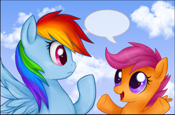 Size: 600x393 | Tagged: safe, artist:mn27, rainbow dash, scootaloo, pegasus, pony, g4, cloud, duo, duo female, female, filly, foal, looking at each other, looking at someone, mare, open mouth, raised hoof, sky, speech bubble, spread wings, talking, wingding eyes, wings