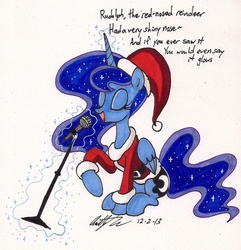 Size: 1290x1336 | Tagged: safe, artist:newyorkx3, princess luna, g4, christmas, clothes, female, hat, karaoke, microphone, rudolph the red nosed reindeer, santa costume, santa hat, singing, solo, traditional art